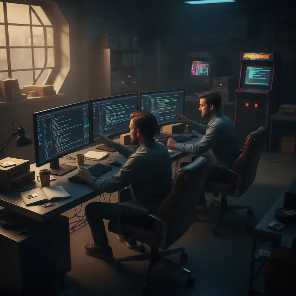 Game developers collaborating around dual monitors with a dark IDE
