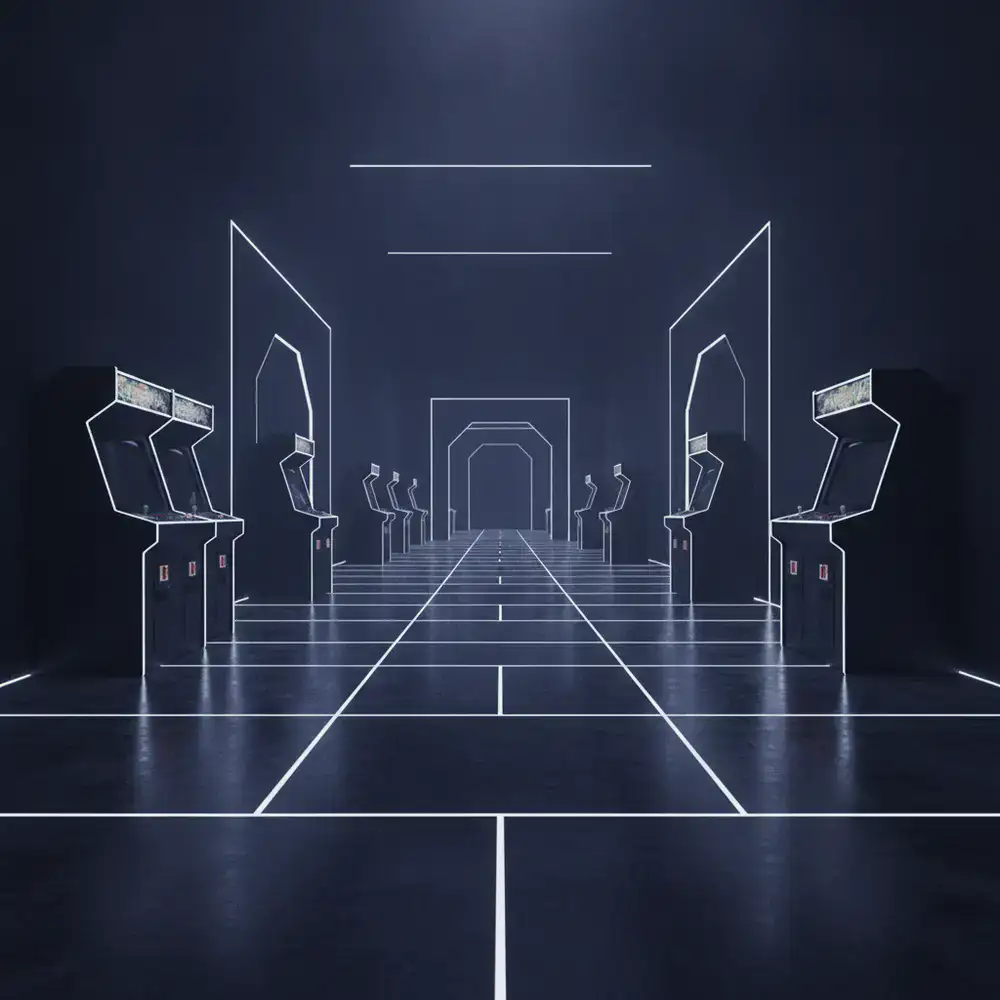 Dark retro arcade court with glowing white lines