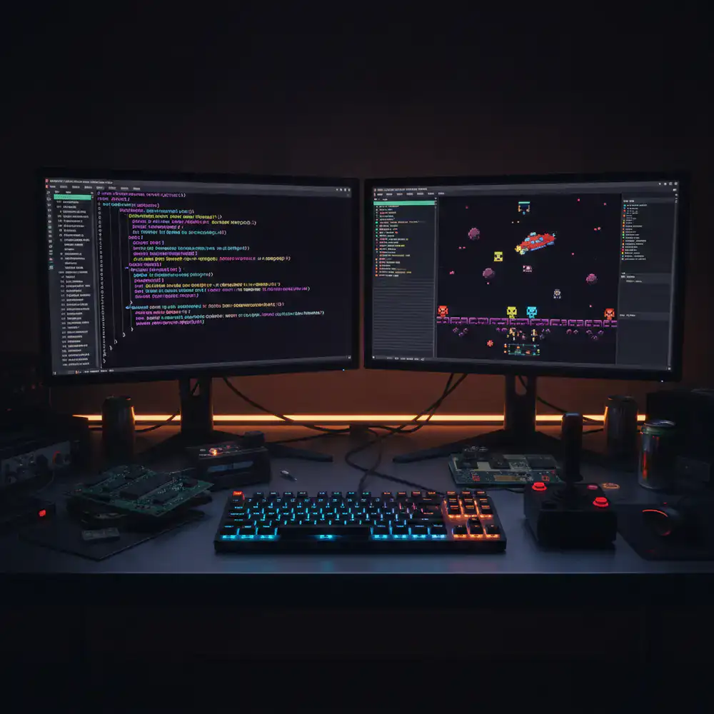 Code editor and game engine preview for retro arcade game