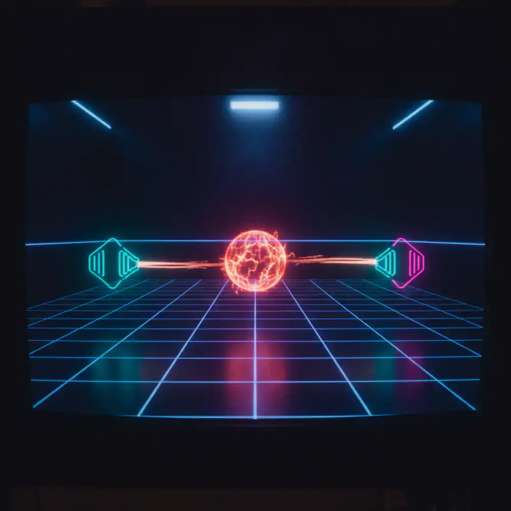 Screenshot of a retro sports game featuring glowing paddles and an energy ball