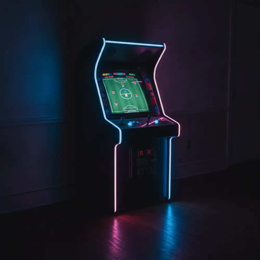Neon lit retro arcade cabinet showing a sports game interface