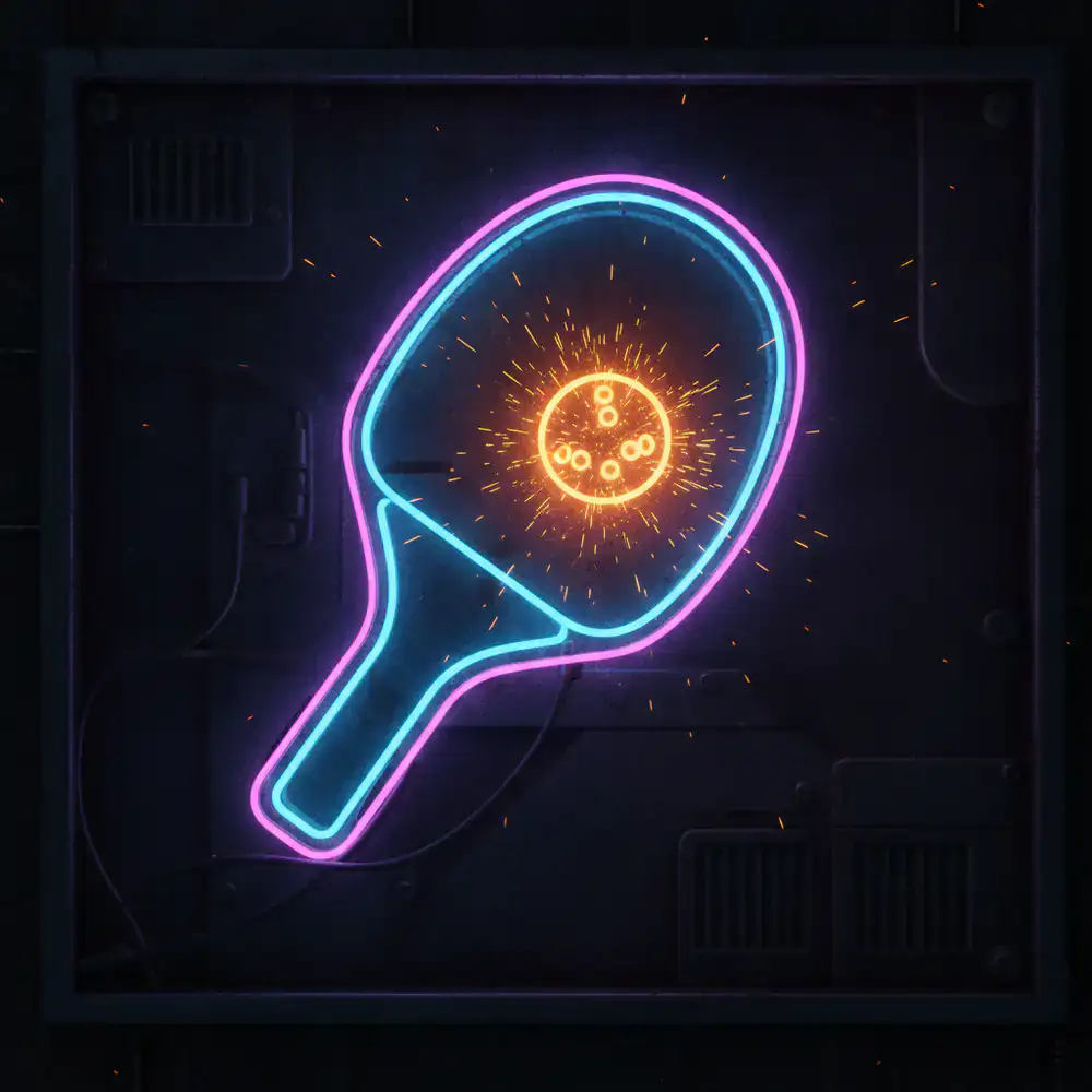High contrast neon arcade paddle hitting a glowing ball