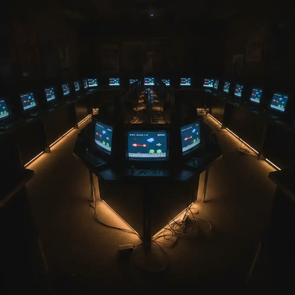 Multiple consoles and screens showing identical game output